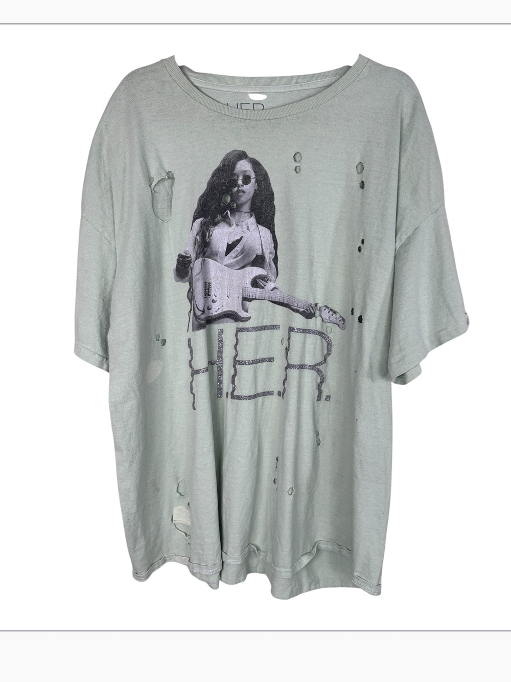 H.E.R. Green Distressed Tee Shirt Womens 2X Casual Band T Oversized Short Sleeve